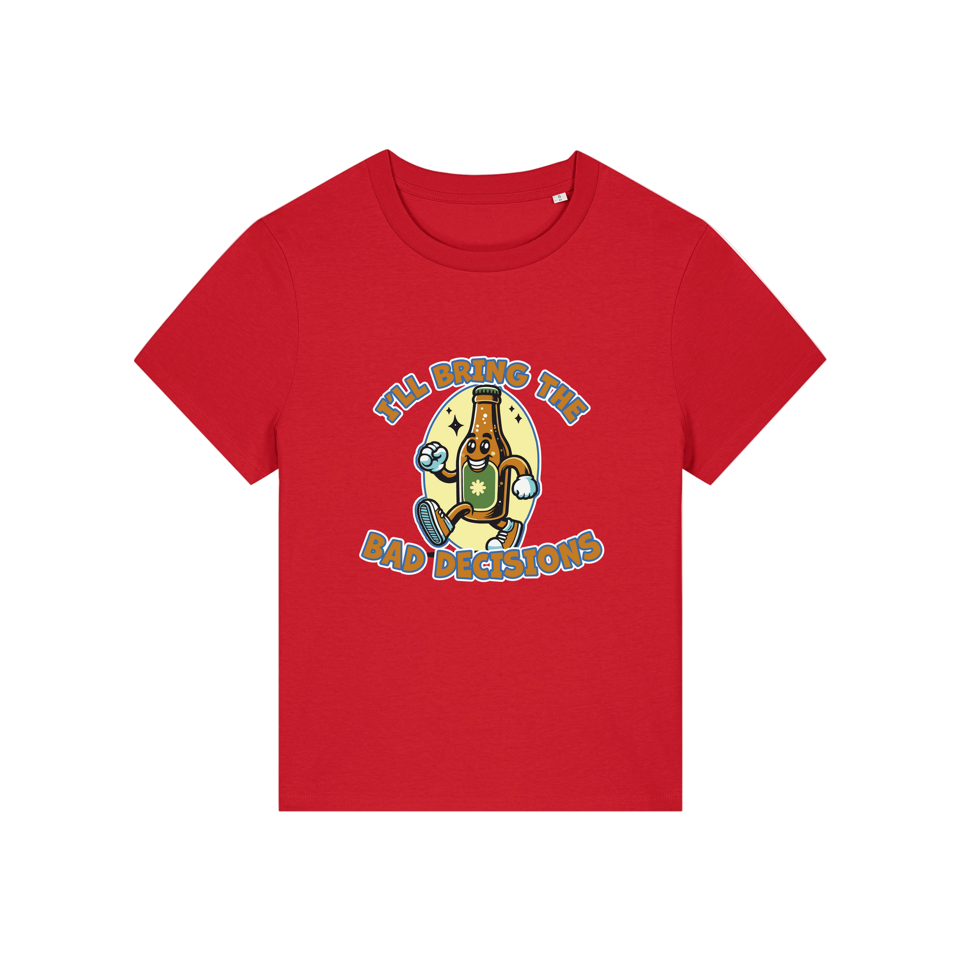 red funny graphic t-shirt with a cartoon beer bottle and the slogan 'i'll bring the bad decisions'