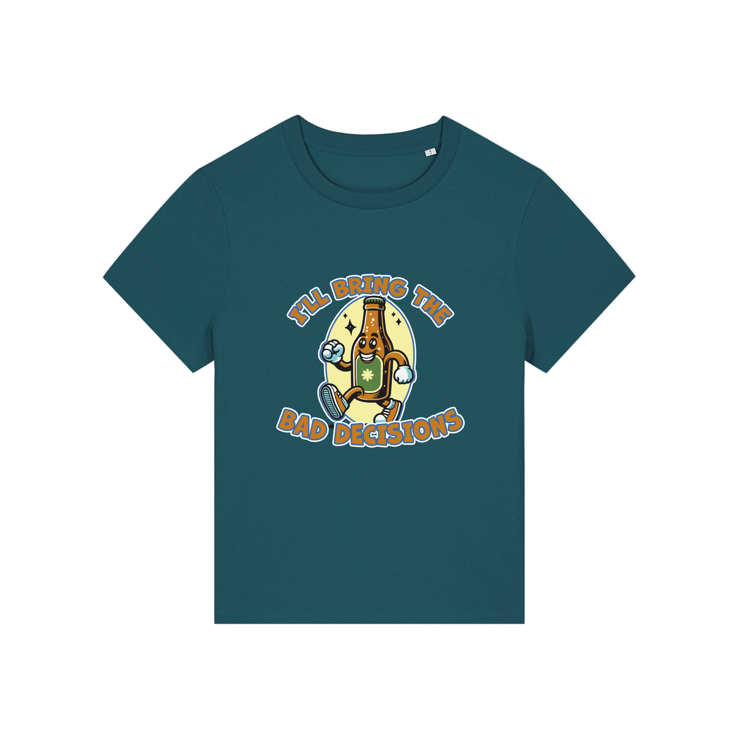 teal funny graphic t-shirt with a cartoon beer bottle and the slogan 'i'll bring the bad decisions'