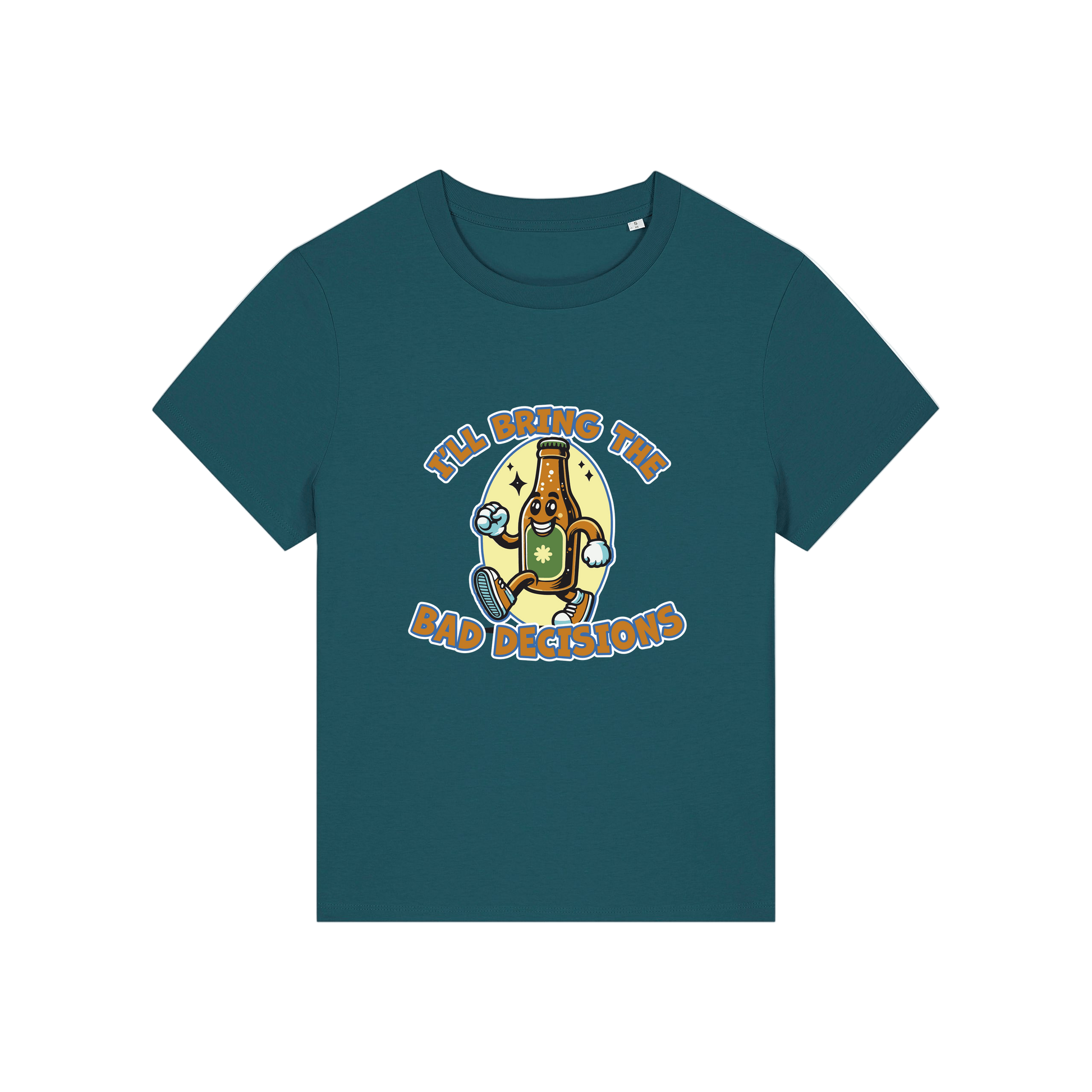 teal funny graphic t-shirt with a cartoon beer bottle and the slogan 'i'll bring the bad decisions'