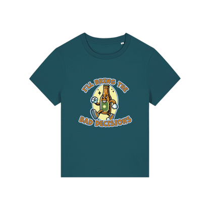 teal funny graphic t-shirt with a cartoon beer bottle and the slogan 'i'll bring the bad decisions'