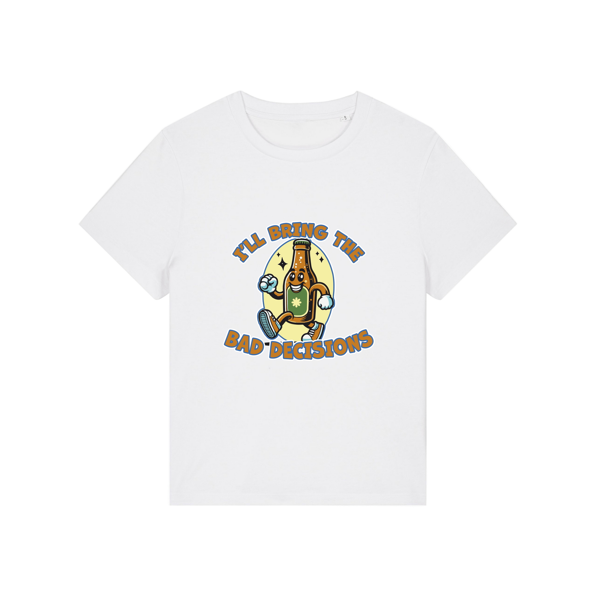 white funny graphic t-shirt with a cartoon beer bottle and the slogan 'i'll bring the bad decisions'