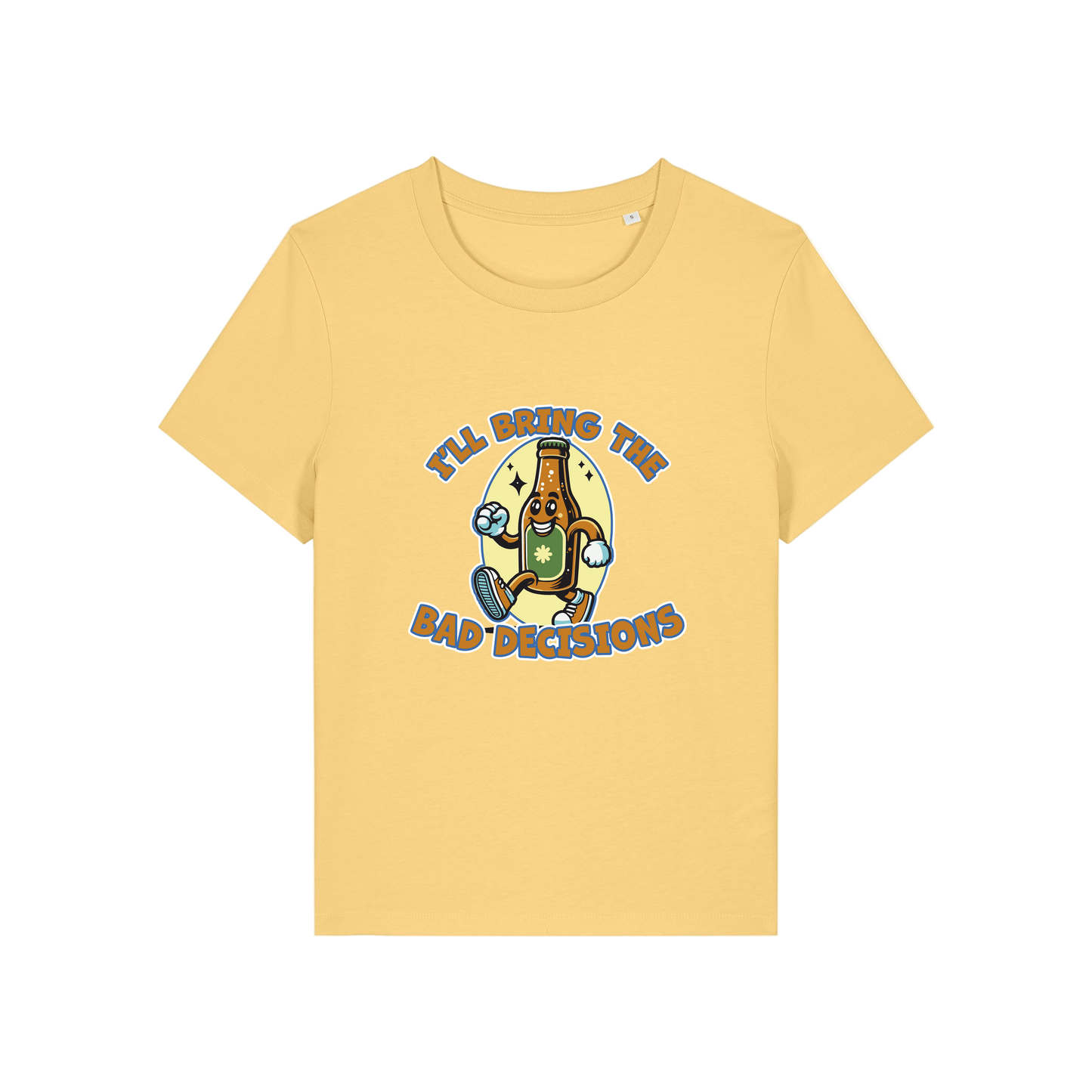 yellow funny graphic t-shirt with a cartoon beer bottle and the slogan 'i'll bring the bad decisions'