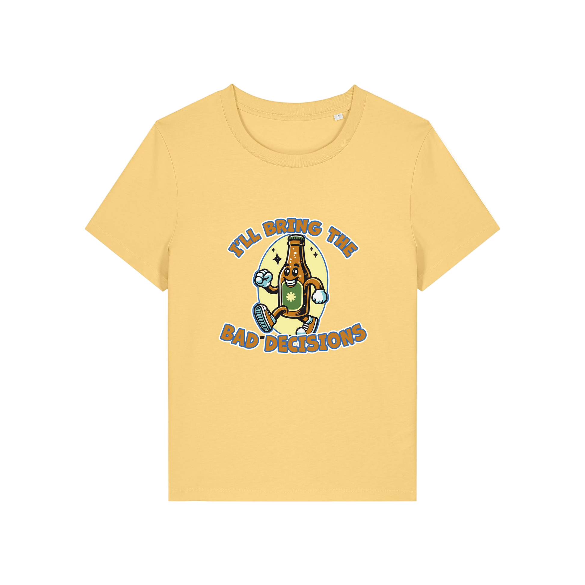 yellow funny graphic t-shirt with a cartoon beer bottle and the slogan 'i'll bring the bad decisions'