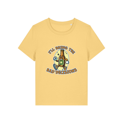 yellow funny graphic t-shirt with a cartoon beer bottle and the slogan 'i'll bring the bad decisions'