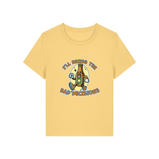yellow funny graphic t-shirt with a cartoon beer bottle and the slogan 'i'll bring the bad decisions'