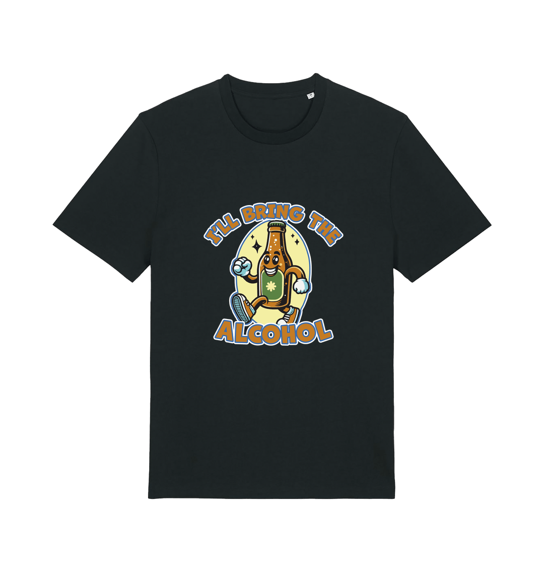 black matching t-shirt with the graphic of a cartoon beer bottle walking and the slogan 'ill bring the alcohol'