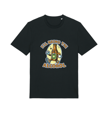 black matching t-shirt with the graphic of a cartoon beer bottle walking and the slogan 'ill bring the alcohol'