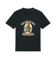 black matching t-shirt with the graphic of a cartoon beer bottle walking and the slogan 'ill bring the alcohol'