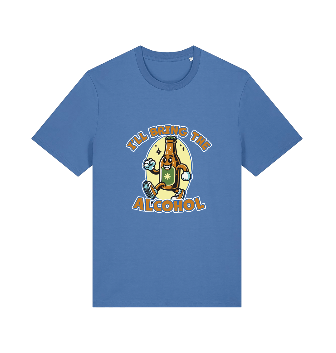 blue matching t-shirt with the graphic of a cartoon beer bottle walking and the slogan 'ill bring the alcohol'