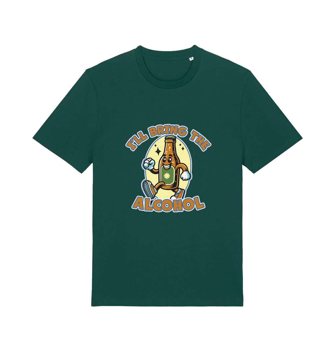 green matching t-shirt with the graphic of a cartoon beer bottle walking and the slogan 'ill bring the alcohol'