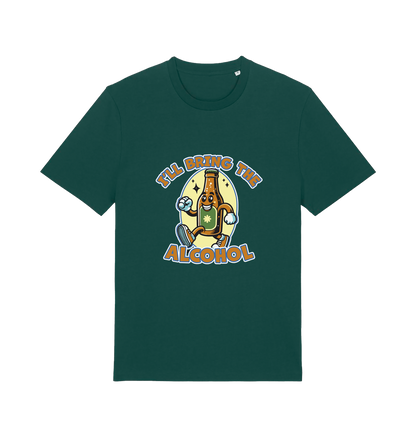 green matching t-shirt with the graphic of a cartoon beer bottle walking and the slogan 'ill bring the alcohol'