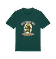 green matching t-shirt with the graphic of a cartoon beer bottle walking and the slogan 'ill bring the alcohol'