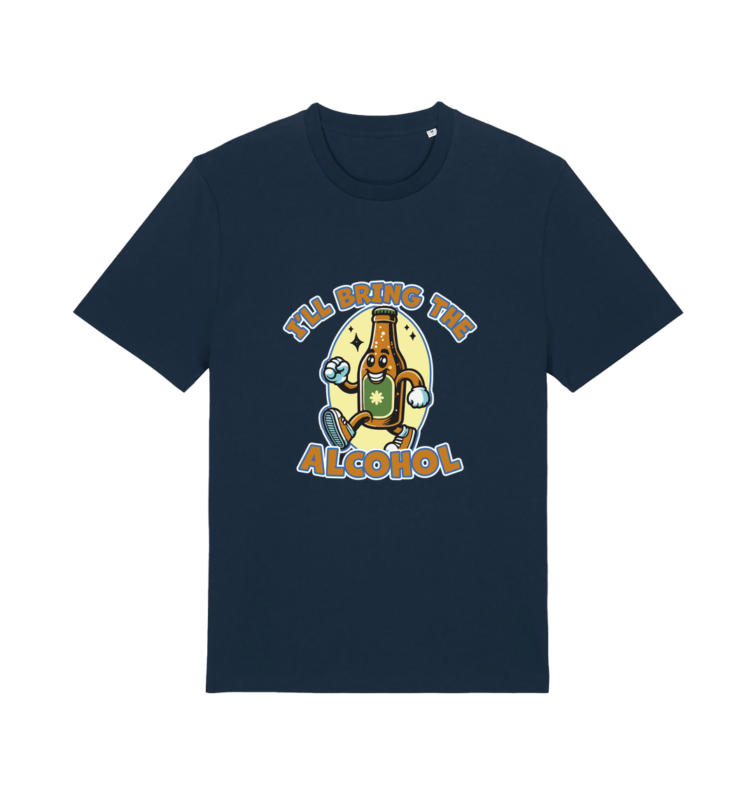 navy matching t-shirt with the graphic of a cartoon beer bottle walking and the slogan 'ill bring the alcohol'