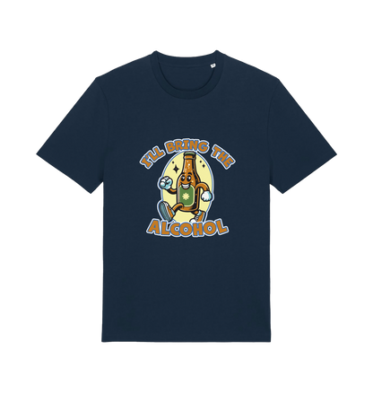 navy matching t-shirt with the graphic of a cartoon beer bottle walking and the slogan 'ill bring the alcohol'