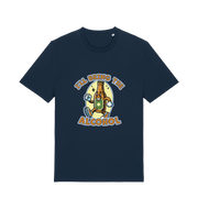 navy matching t-shirt with the graphic of a cartoon beer bottle walking and the slogan 'ill bring the alcohol'
