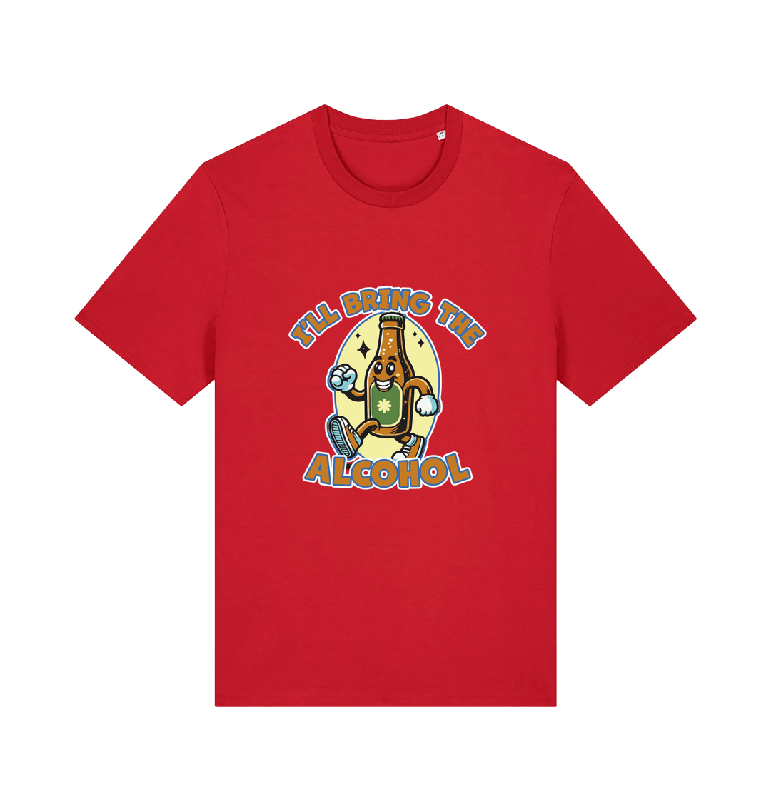 red matching t-shirt with the graphic of a cartoon beer bottle walking and the slogan 'ill bring the alcohol'