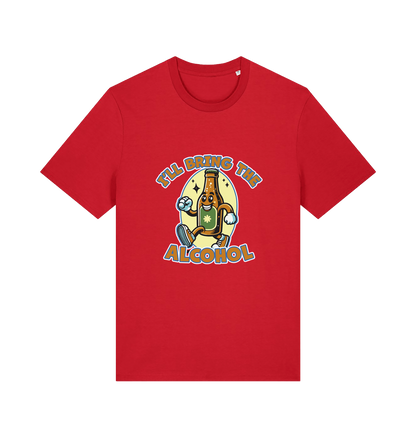 red matching t-shirt with the graphic of a cartoon beer bottle walking and the slogan 'ill bring the alcohol'