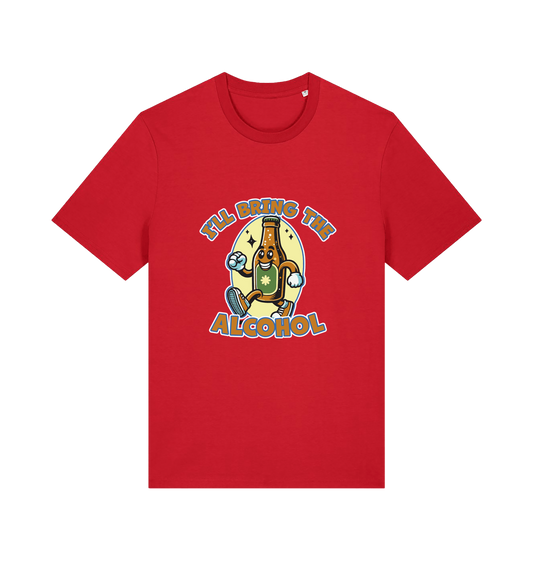 red matching t-shirt with the graphic of a cartoon beer bottle walking and the slogan 'ill bring the alcohol'