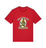 red matching t-shirt with the graphic of a cartoon beer bottle walking and the slogan 'ill bring the alcohol'