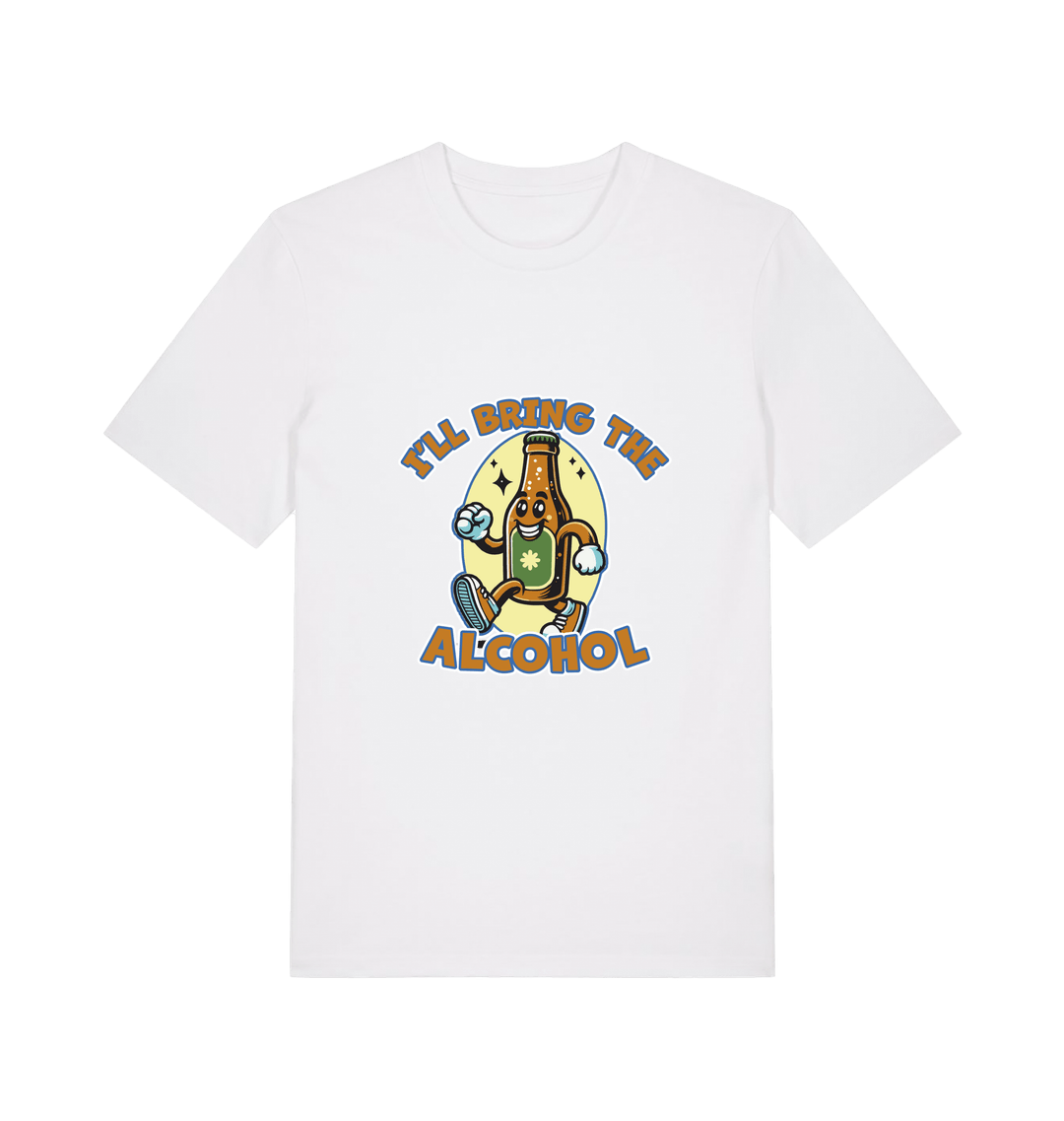 white matching t-shirt with the graphic of a cartoon beer bottle walking and the slogan 'ill bring the alcohol'