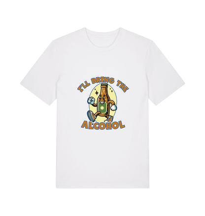 white matching t-shirt with the graphic of a cartoon beer bottle walking and the slogan 'ill bring the alcohol'