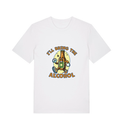 white matching t-shirt with the graphic of a cartoon beer bottle walking and the slogan 'ill bring the alcohol'