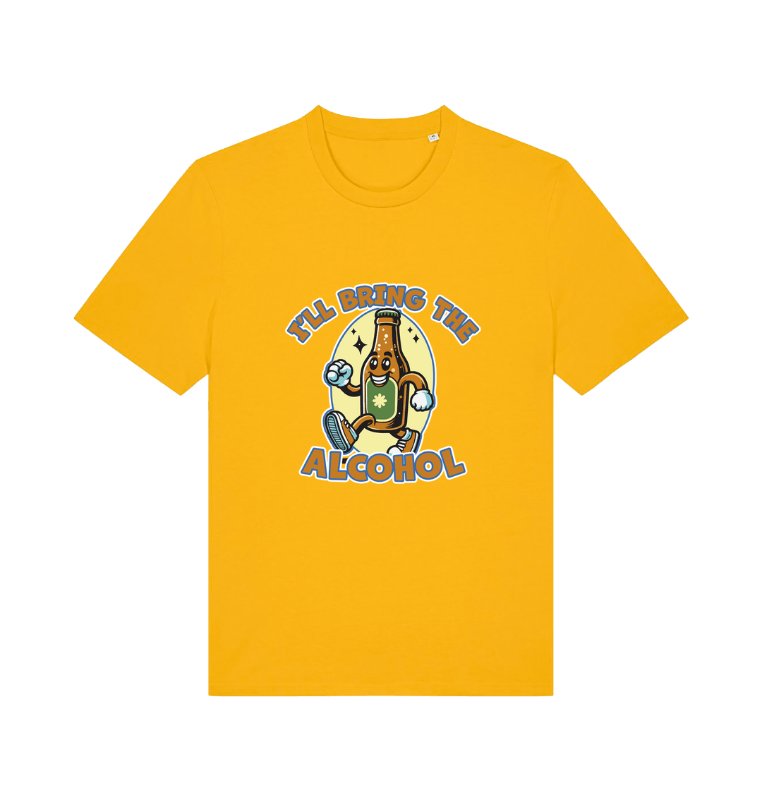 yellow matching t-shirt with the graphic of a cartoon beer bottle walking and the slogan 'ill bring the alcohol'