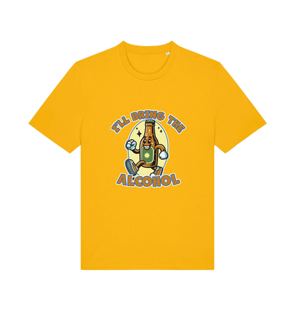yellow matching t-shirt with the graphic of a cartoon beer bottle walking and the slogan 'ill bring the alcohol'