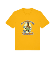 yellow matching t-shirt with the graphic of a cartoon beer bottle walking and the slogan 'ill bring the alcohol'