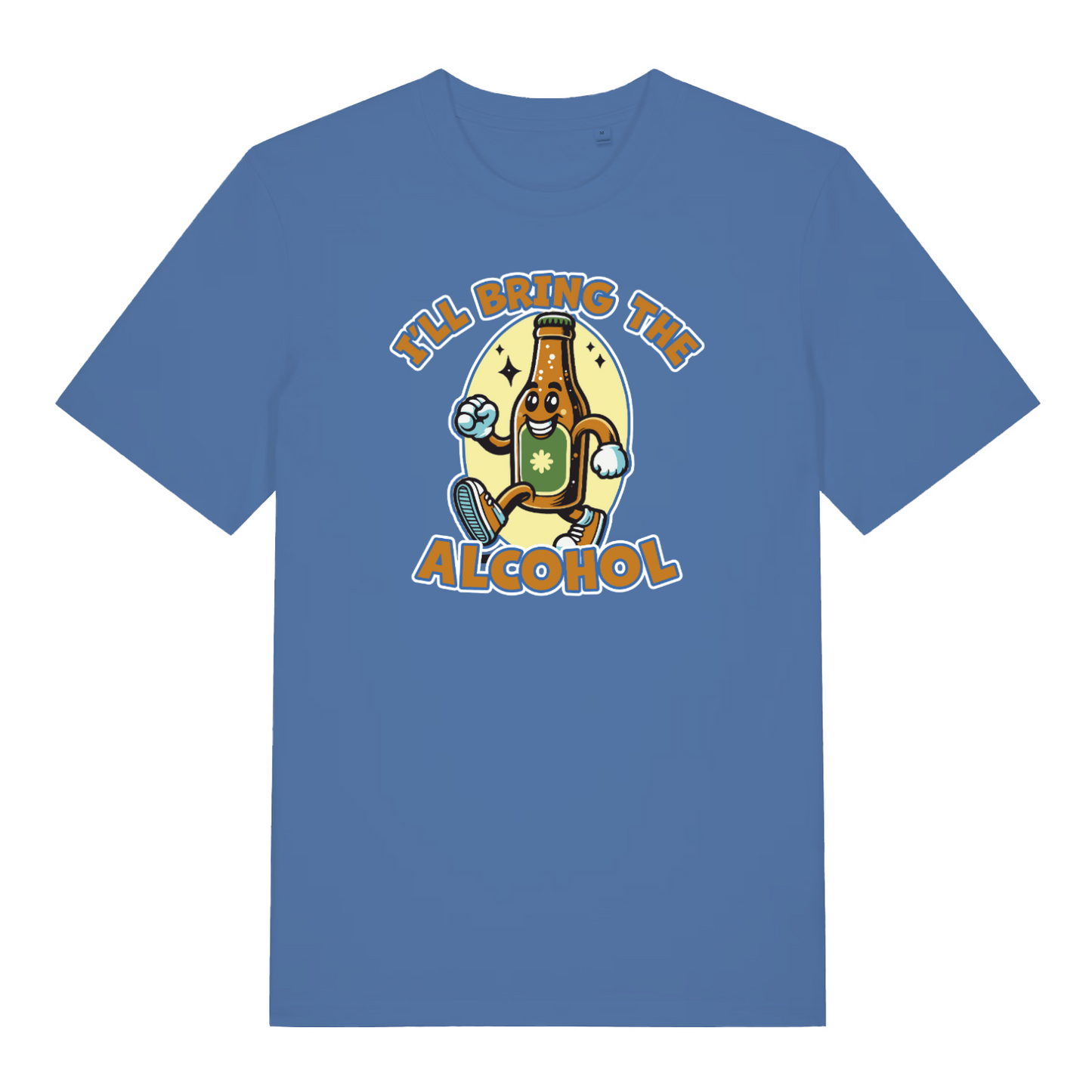 bright blue matching t-shirt with a cartoon beer bottle graphic and the slogan 'i'll bring the alcohol'