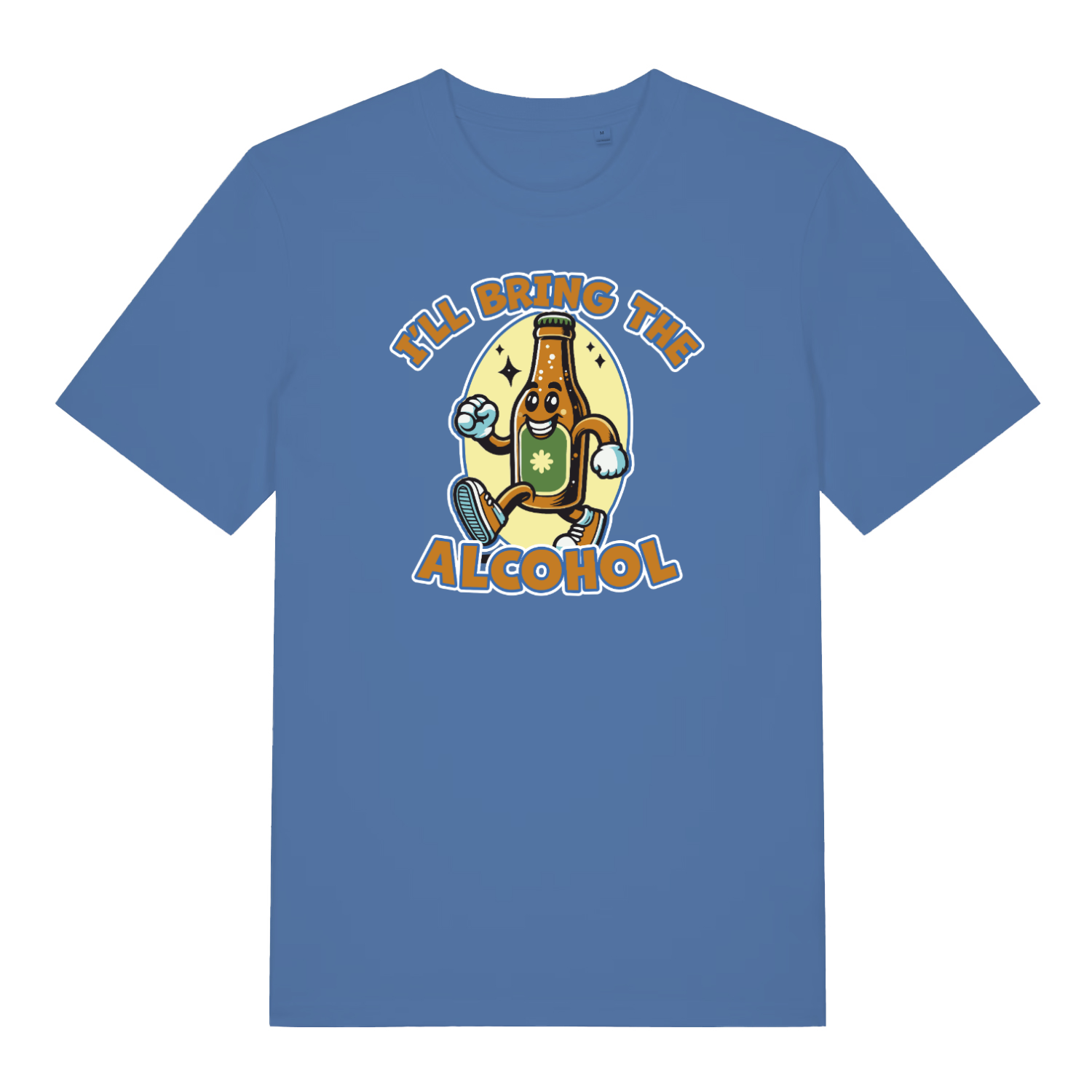 bright blue matching t-shirt with a cartoon beer bottle graphic and the slogan 'i'll bring the alcohol'