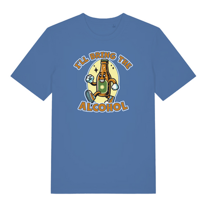 bright blue matching t-shirt with a cartoon beer bottle graphic and the slogan 'i'll bring the alcohol'