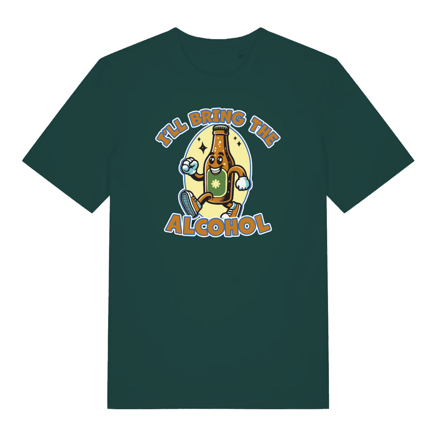 green matching t-shirt with a cartoon beer bottle graphic and the slogan 'i'll bring the alcohol'
