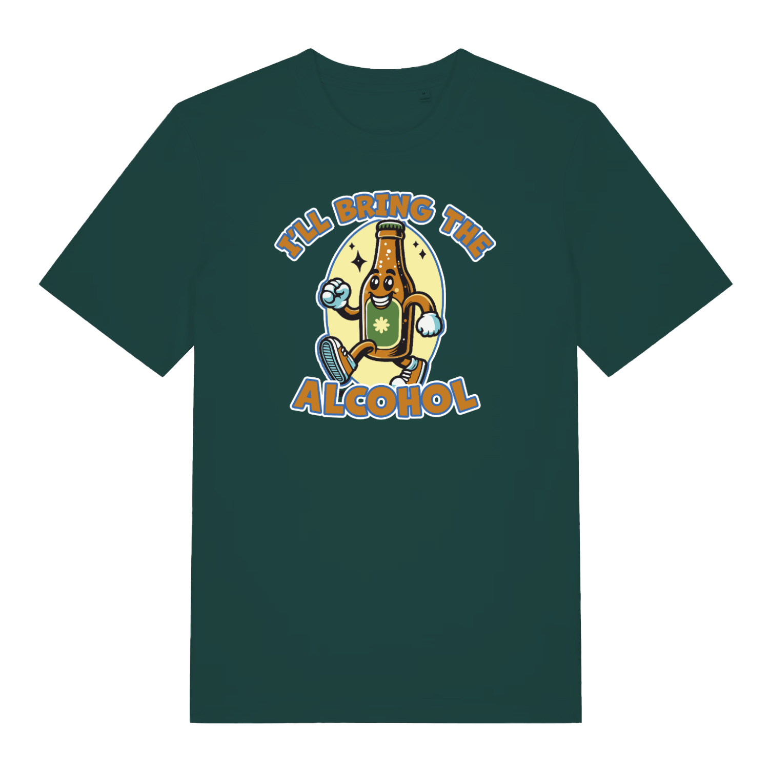 green matching t-shirt with a cartoon beer bottle graphic and the slogan 'i'll bring the alcohol'
