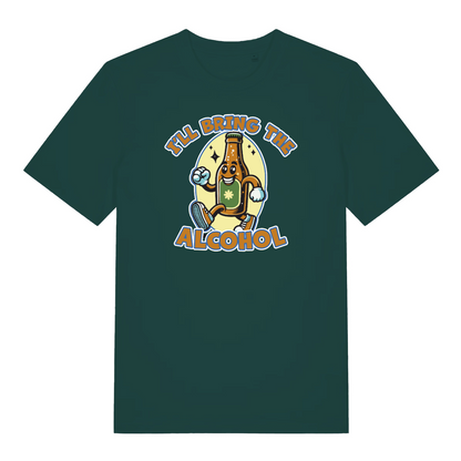 green matching t-shirt with a cartoon beer bottle graphic and the slogan 'i'll bring the alcohol'