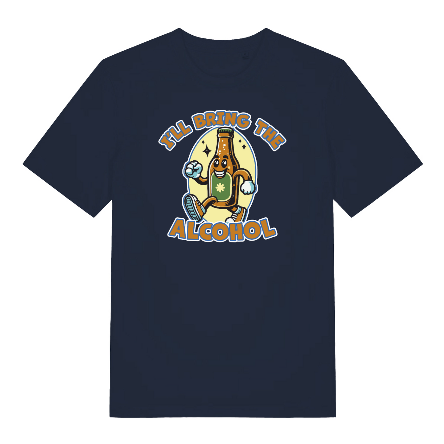 navy matching t-shirt with a cartoon beer bottle graphic and the slogan 'i'll bring the alcohol'