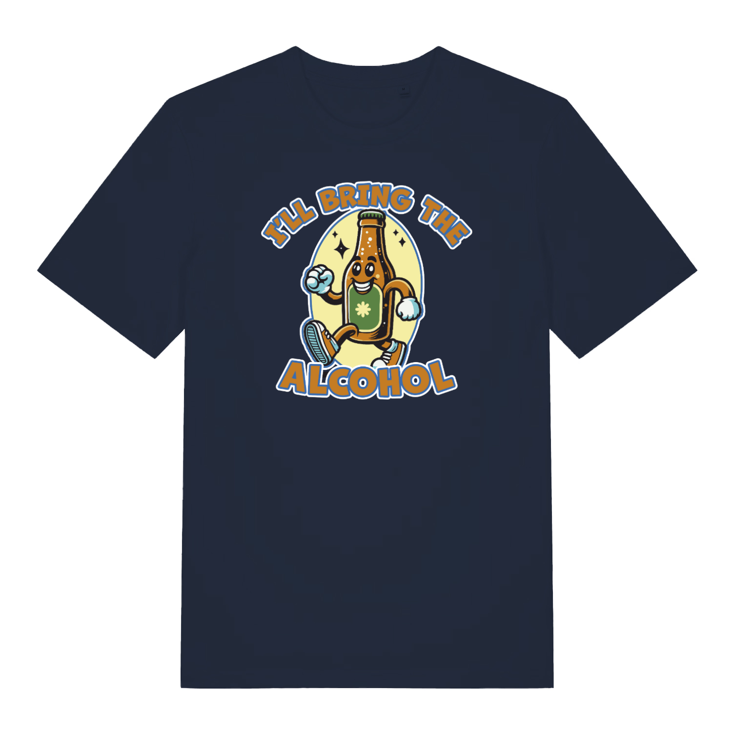 navy matching t-shirt with a cartoon beer bottle graphic and the slogan 'i'll bring the alcohol'