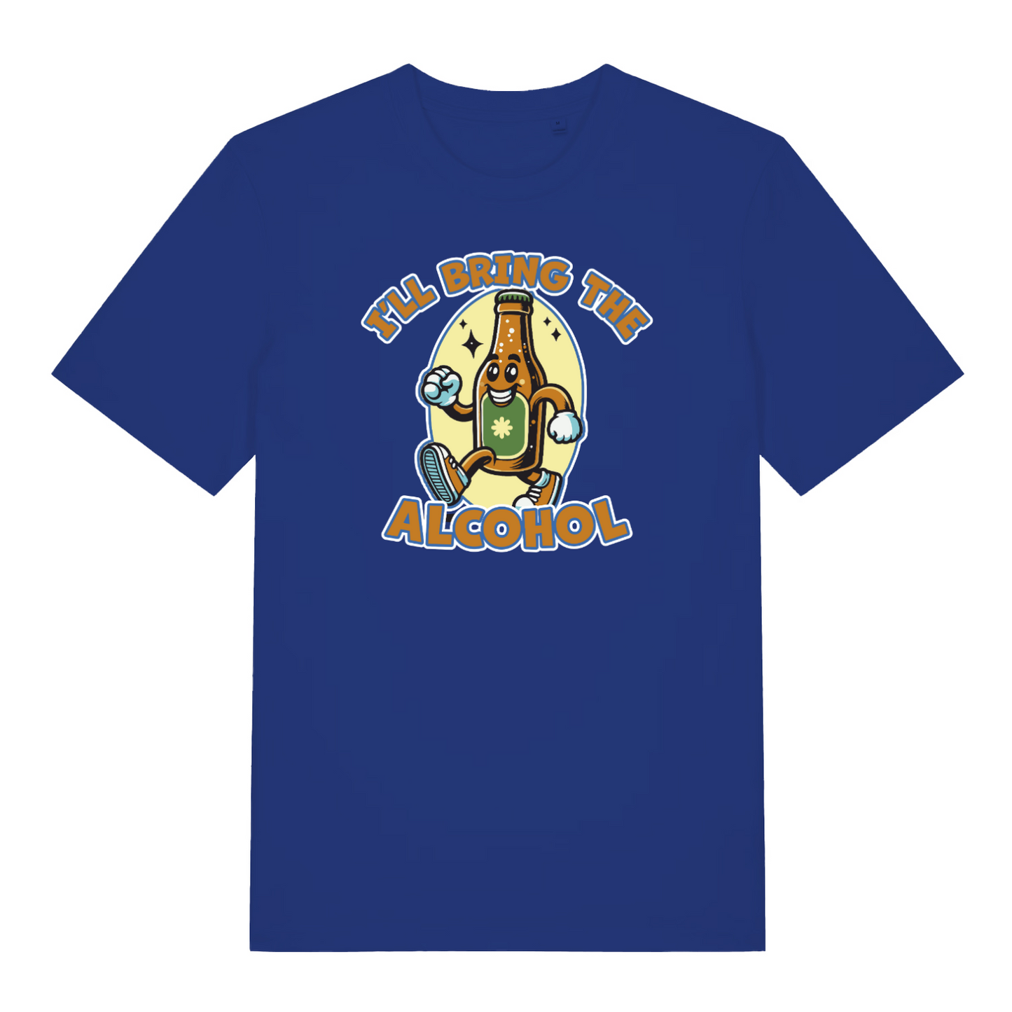 royal blue matching t-shirt with a cartoon beer bottle graphic and the slogan 'i'll bring the alcohol'