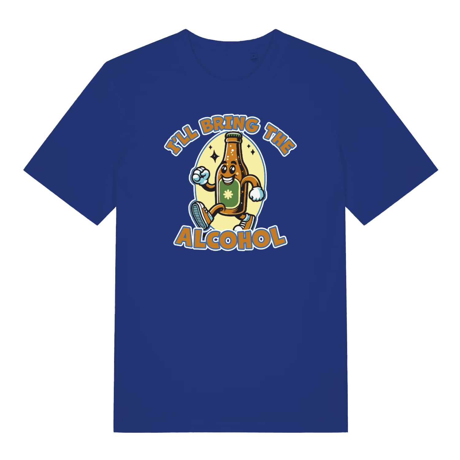 royal blue matching t-shirt with a cartoon beer bottle graphic and the slogan 'i'll bring the alcohol'