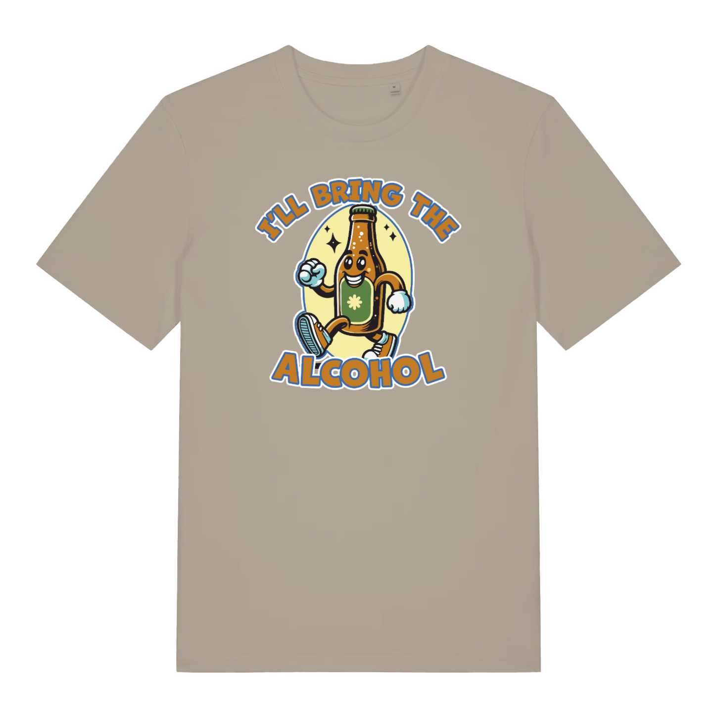 stone matching t-shirt with a cartoon beer bottle graphic and the slogan 'i'll bring the alcohol'