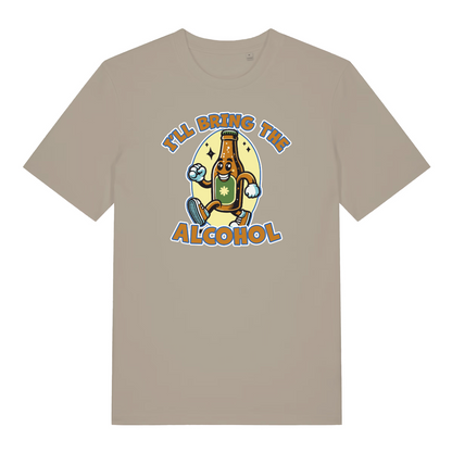 stone matching t-shirt with a cartoon beer bottle graphic and the slogan 'i'll bring the alcohol'