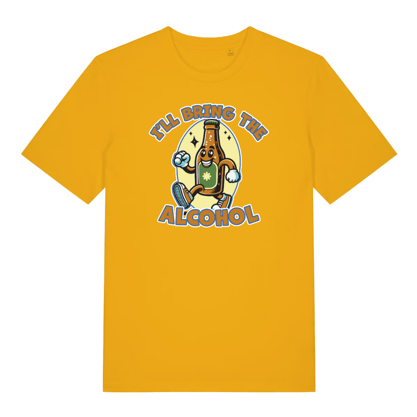 yellow matching t-shirt with a cartoon beer bottle graphic and the slogan 'i'll bring the alcohol'