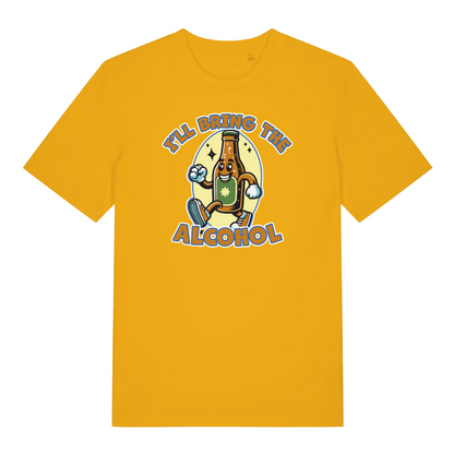 yellow matching t-shirt with a cartoon beer bottle graphic and the slogan 'i'll bring the alcohol'