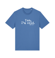 blue funny slogan t-shirt with the slogan 'yes i'm cold. me 24/7'