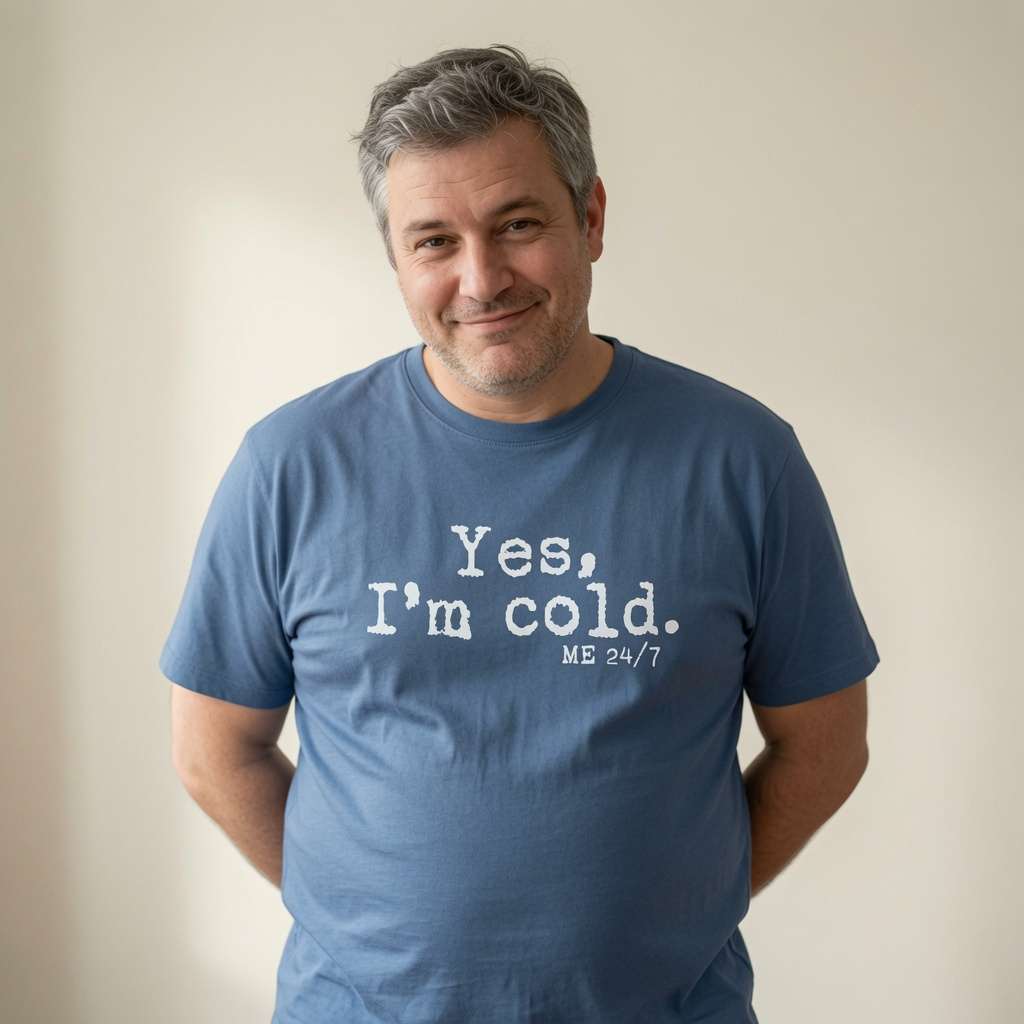Man with slight smile in blue Yes, I’m Cold. ME 24/7 tee, funny witty mens slogan