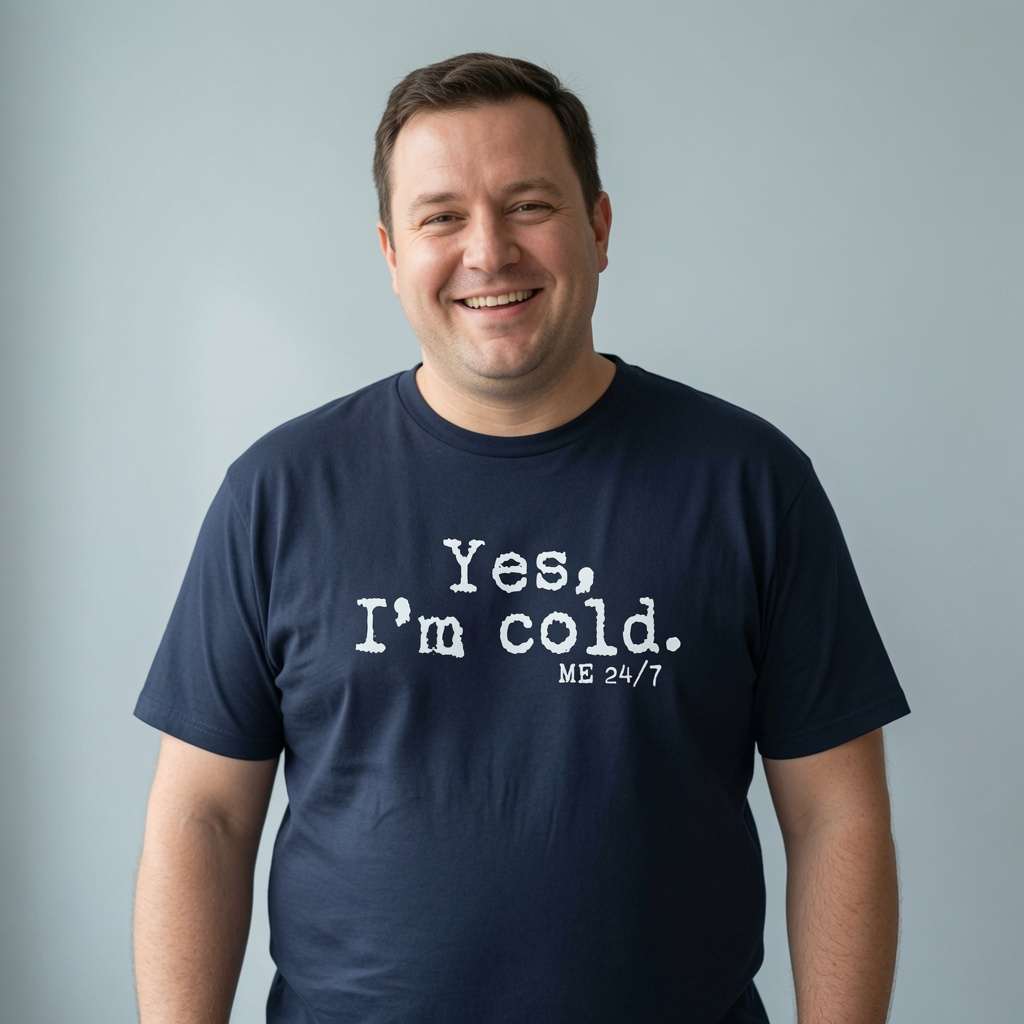 Man smiling in navy Yes, I’m Cold. ME 24/7 t-shirt, mens funny cheeky slogan