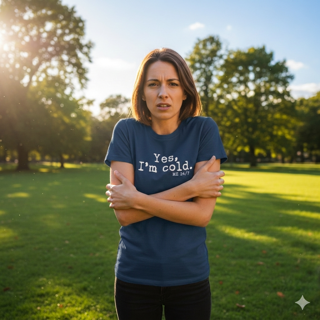 Woman wearing a navy t-shirt with text in a park