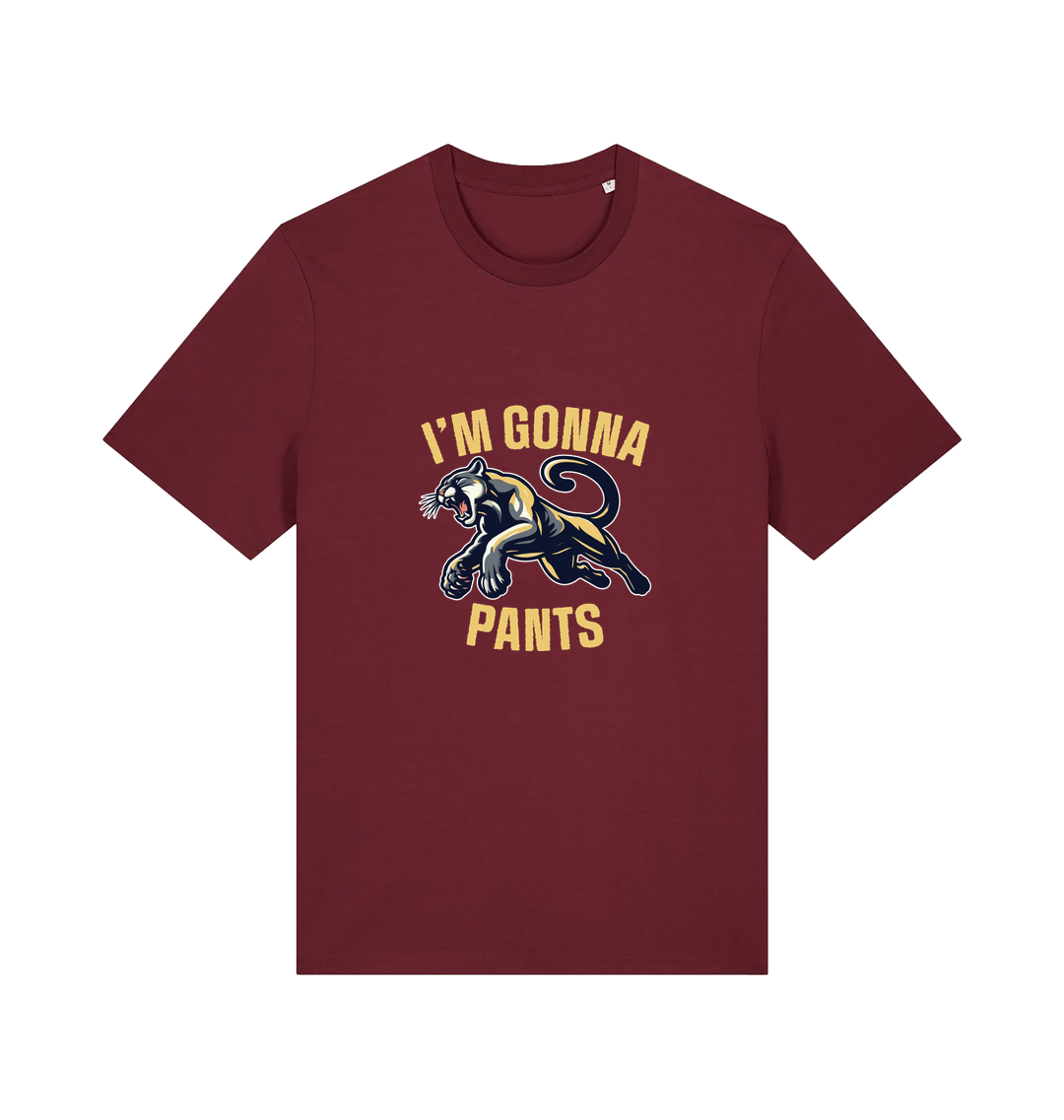 burgundy funny offensive t-shirt with the graphic of a puma and the slogan 'i'm gonna pants'