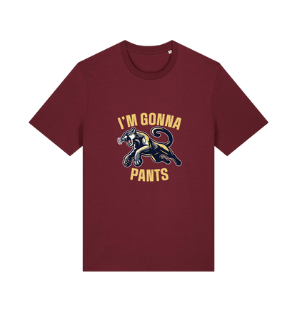 burgundy funny offensive t-shirt with the graphic of a puma and the slogan 'i'm gonna pants'