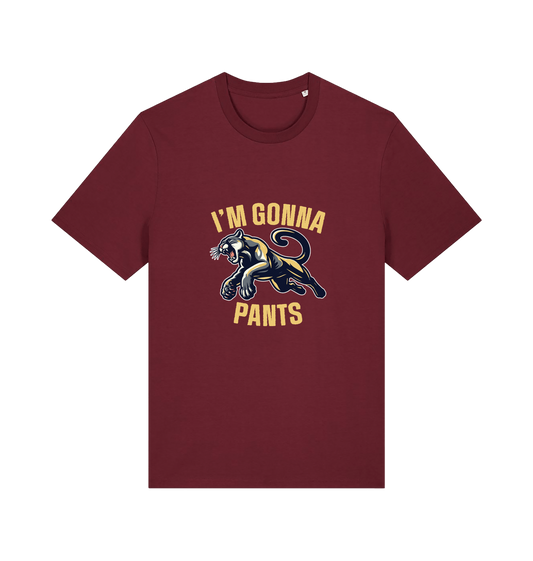 burgundy funny offensive t-shirt with the graphic of a puma and the slogan 'i'm gonna pants'